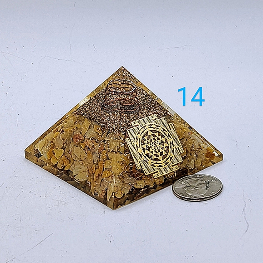 Golden Healer Orgonite Pyramid with Golden Sri Yantra Symbol Meditation Yoga